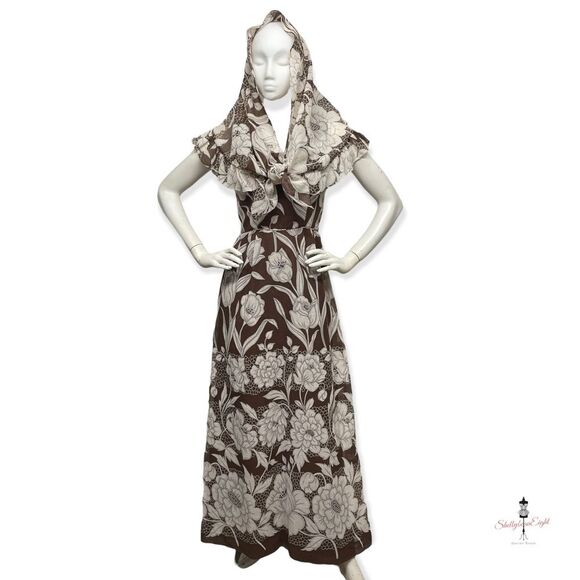 Vintage 1970s Floral Print Brown White Maxi Dress & Matching Shawl Scarf S 4 6 - Picture 6 of 15